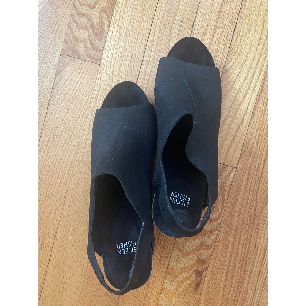 Eileen Fisher Black‎ Suede Leather Open Toe Slingback Cork Heel Mules - Picture 2 of 8